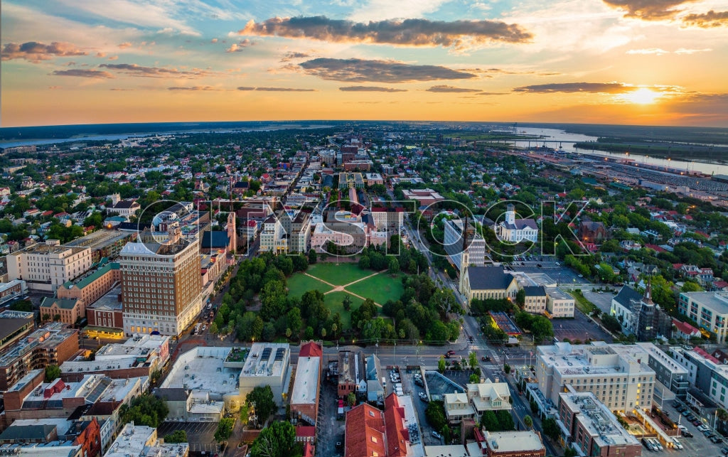 Early morning aerial view of Charleston cityscape with sunrise