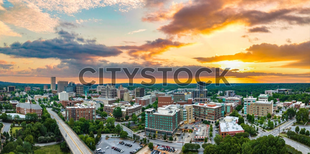 Aerial sunset cityscape of Greenville, South Carolina