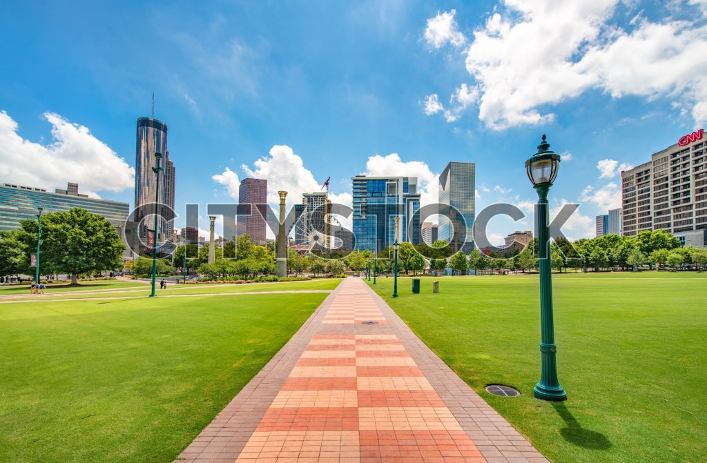 Sunny view of Centennial Olympic Park with skyscrapers, Atlanta