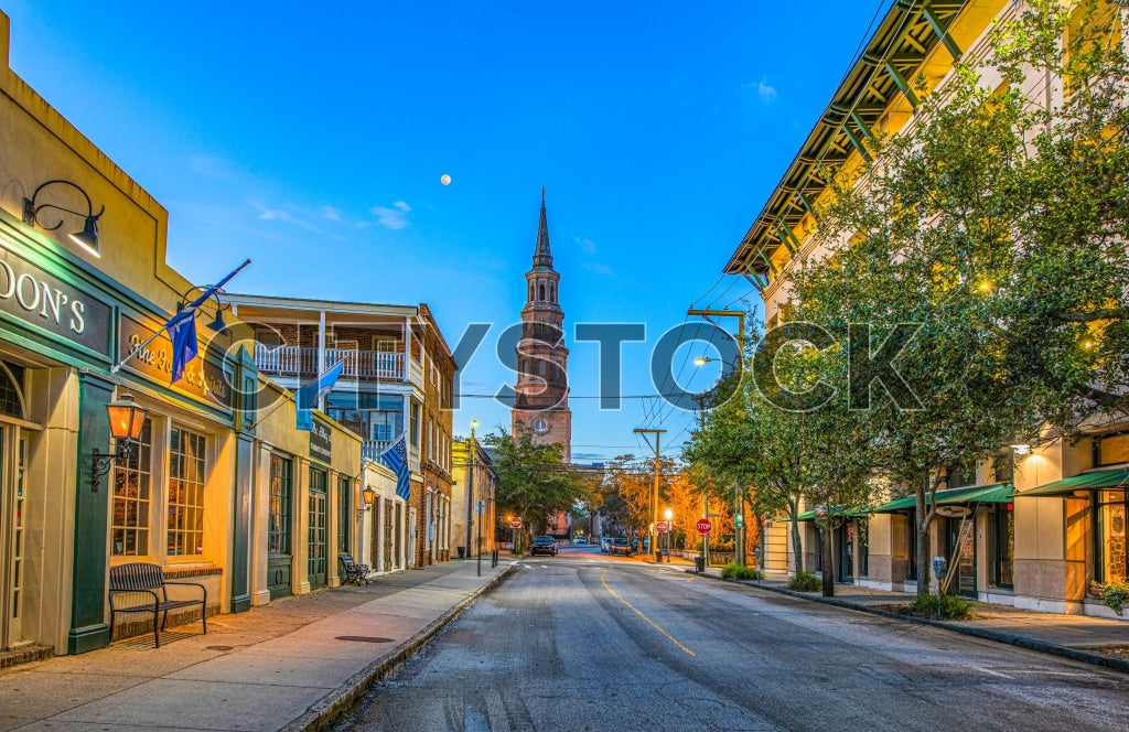 Twilight over historic Church Street in Charleston with St. Philip's Church