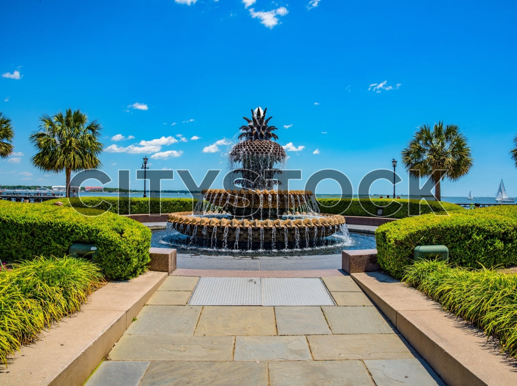 Pineapple Fountain in Charleston, SC with a blue sky and waterfront