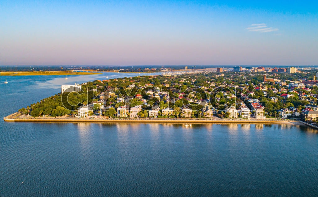 Aerial view of Charleston SC waterfront and historic district