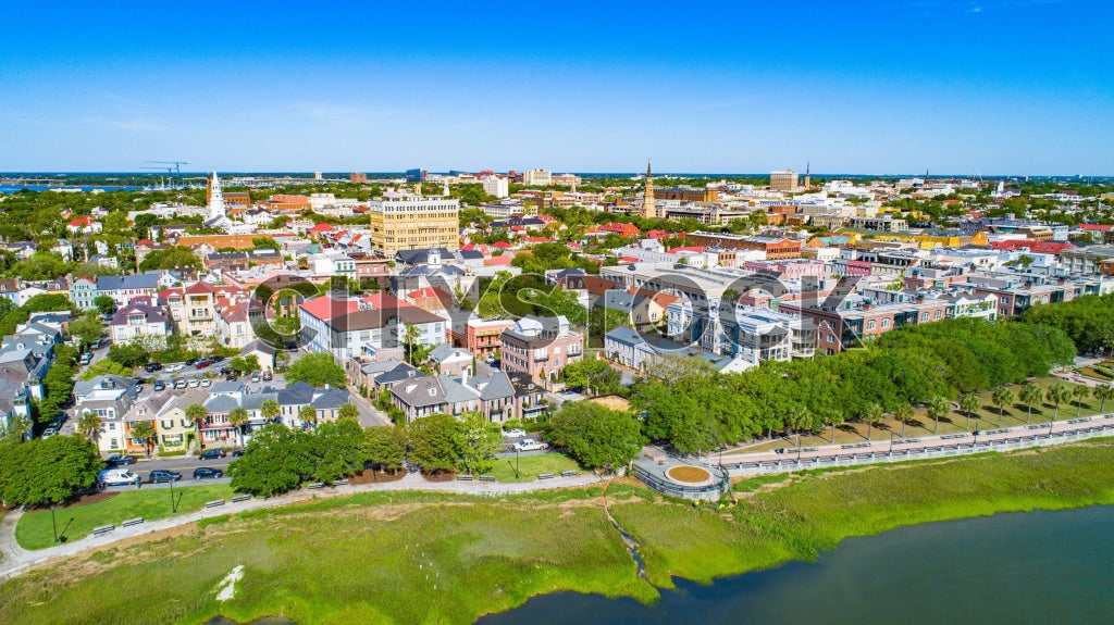 Aerial view of downtown Charleston, South Carolina with clear skies