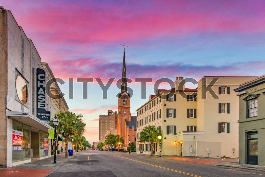 Soft sunset hues over Charleston's historic downtown street view