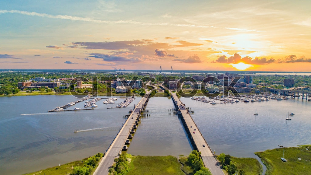 Aerial view of Charleston Marina and bridge at sunset, South Carolina