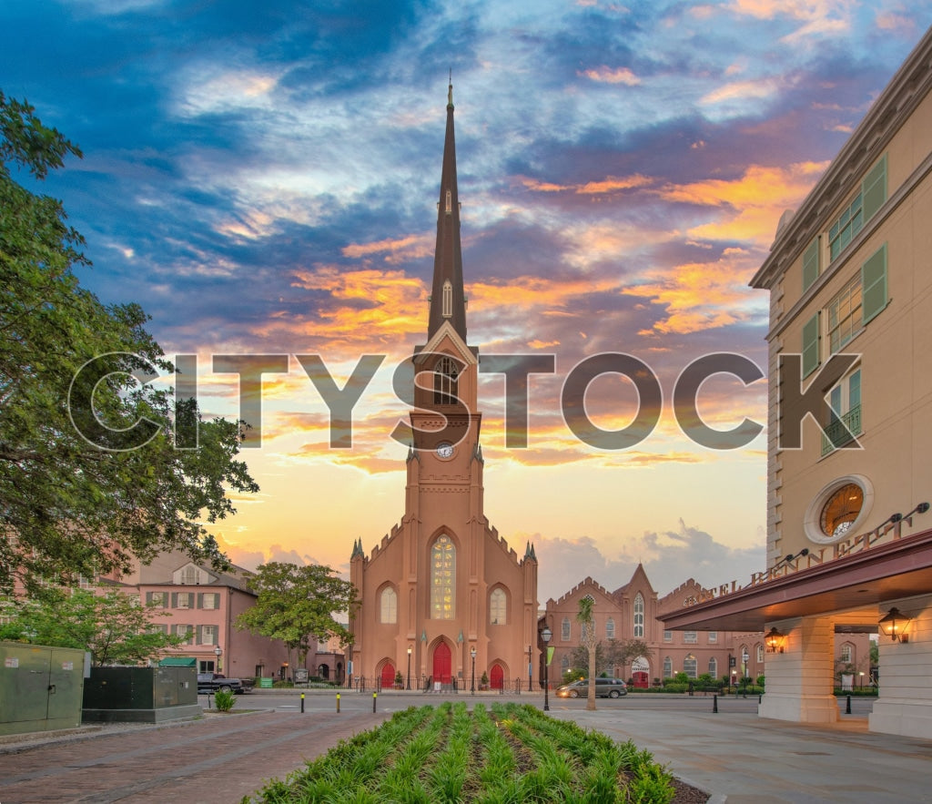 Charleston Cathedral at sunset with vibrant skies and lush foreground