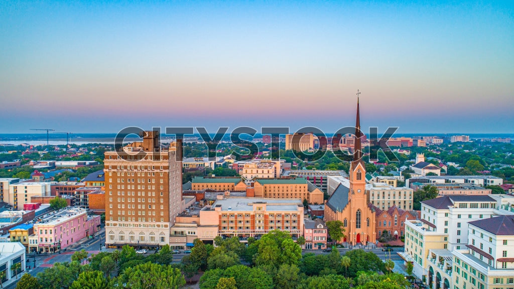 Aerial view of Charleston SC downtown at sunset with historic landmarks visible