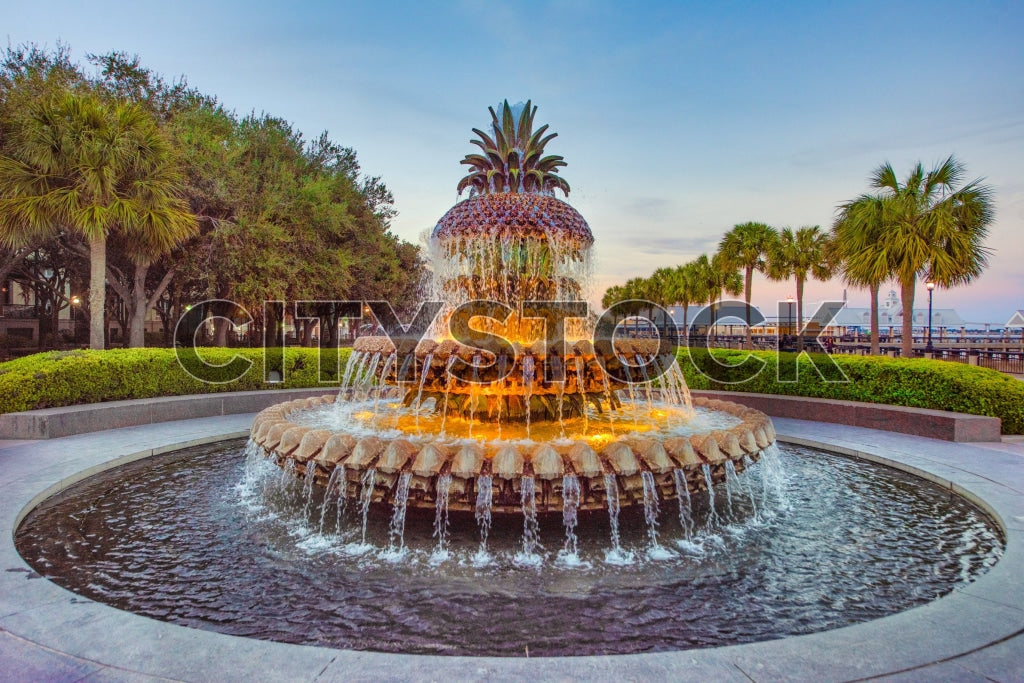 Sunset view of Pineapple Fountain in Charleston, SC