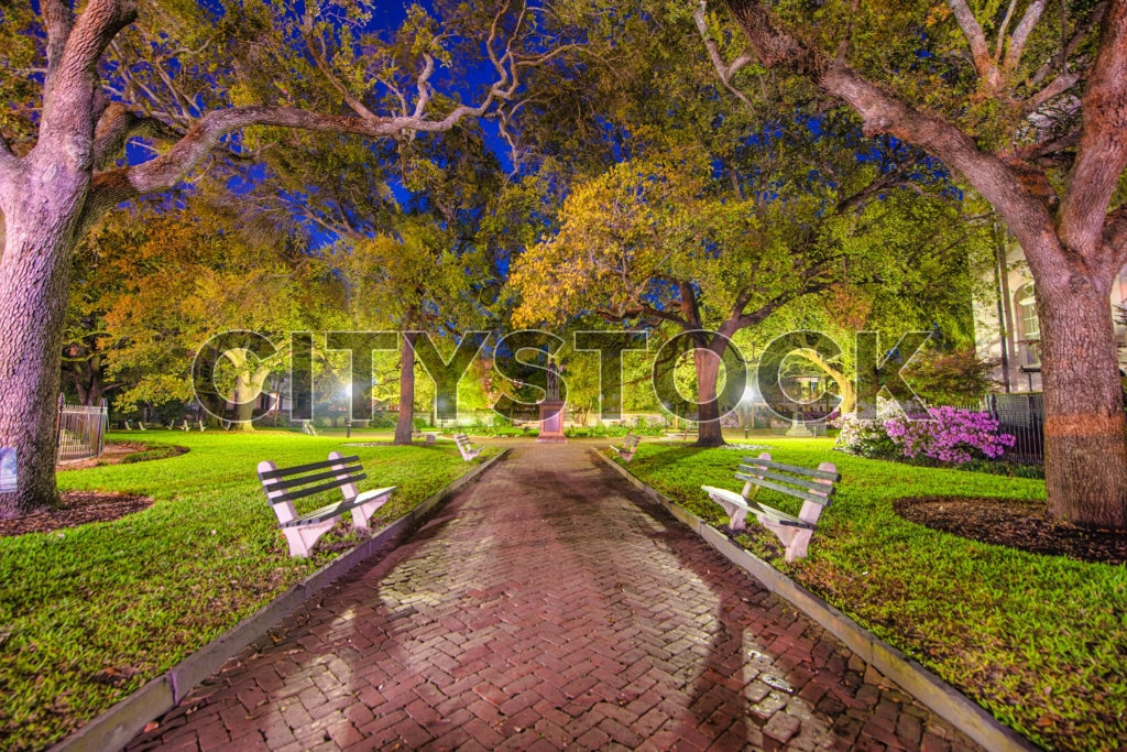 Twilight view of a Charleston park with historic brick path, benches, and live oaks