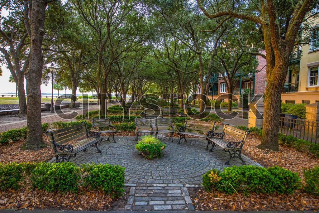 Cobblestone path with iron benches in Charleston, South Carolina