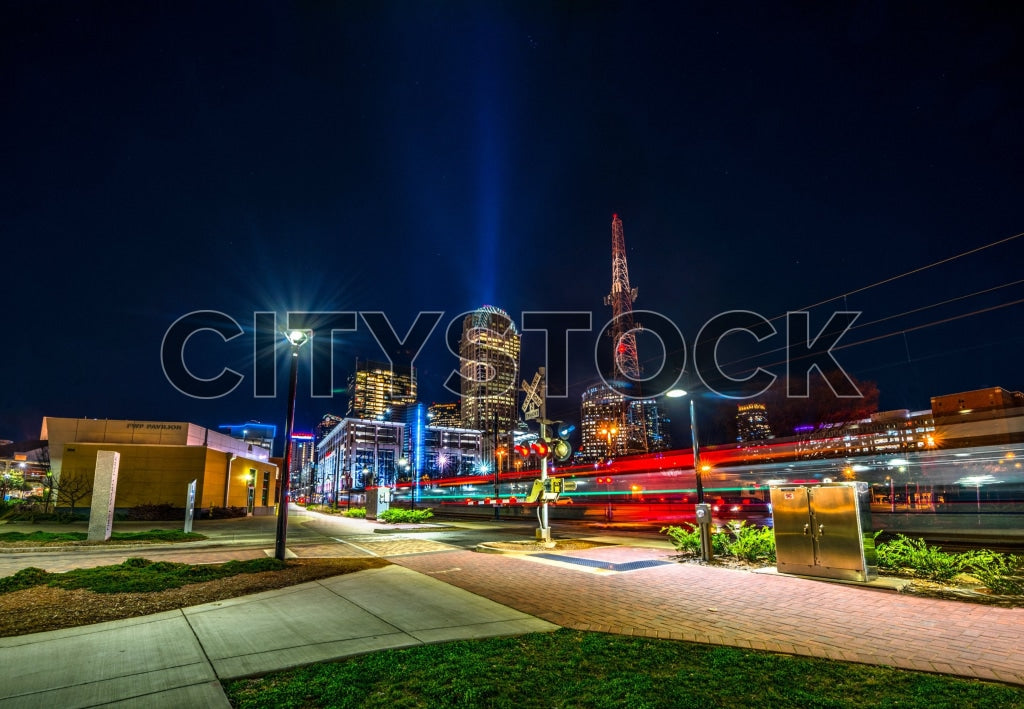 Charlotte NC skyline at night featuring light trails and skyscrapers