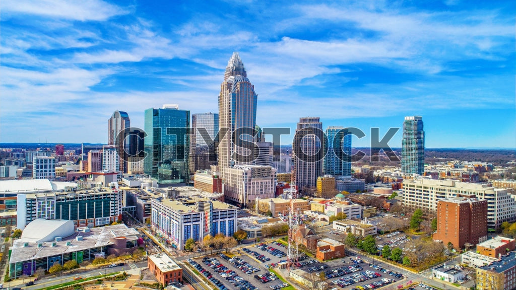 Aerial view of Charlotte NC showing modern architecture and skyline