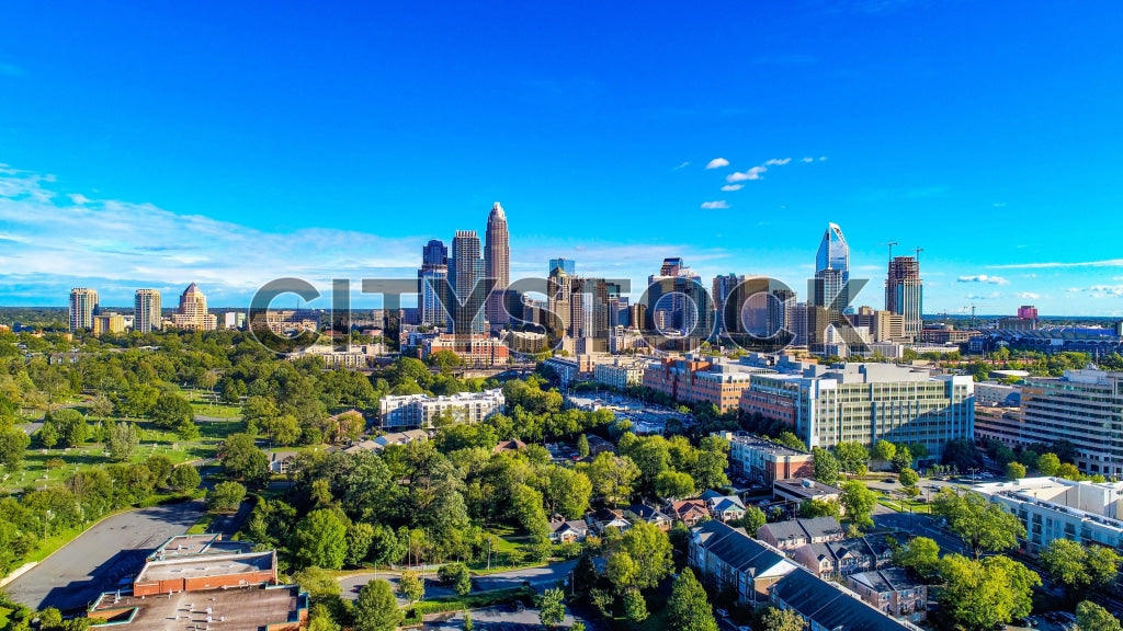 Aerial view of Charlotte NC, showing green parks and urban skyscrapers