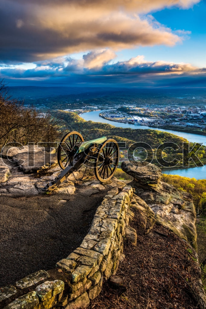 Historic cannon at sunset overlooking Chattanooga River, Tennessee