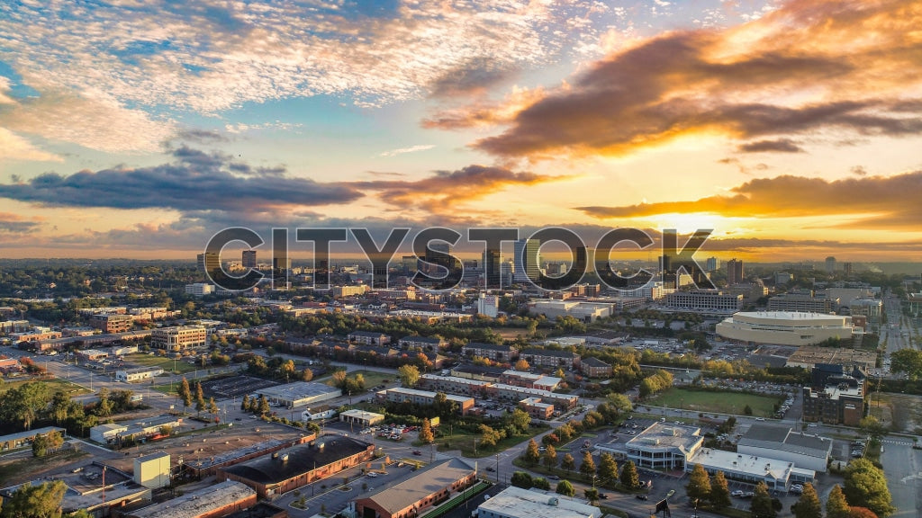 Aerial view of Columbia SC during sunrise with vibrant skies