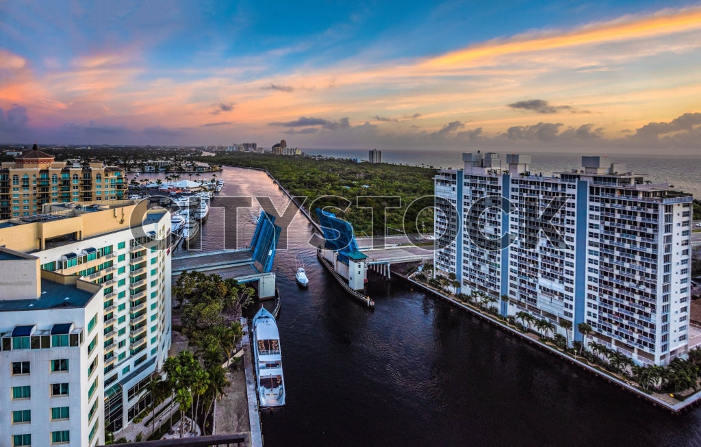 Sunset view of Fort Lauderdale Intracoastal Waterway with yachts