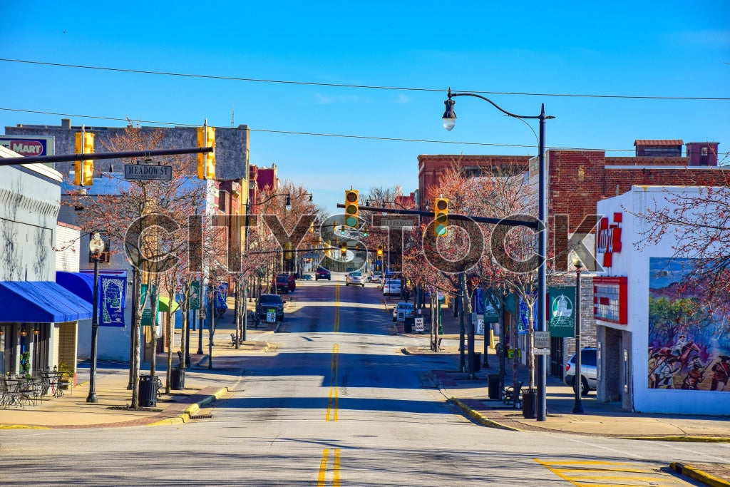 Sunny downtown Gaffney, SC street scene with historic buildings