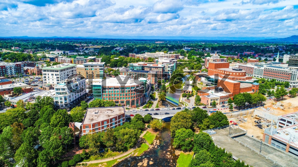 Aerial city view of Greenville, South Carolina with blue skies