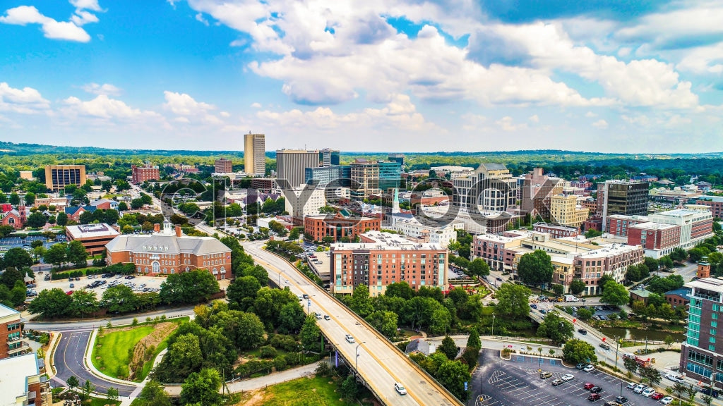 Aerial Shot of Greenville SC, Urban Downtown and Clear Sky