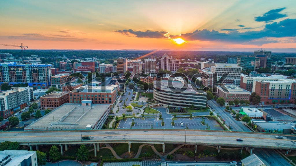 Aerial sunset view of Greenville South Carolina skyline