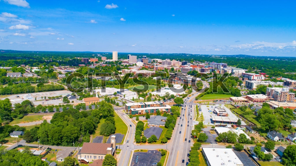 Aerial view of downtown Greenville, SC on a sunny day