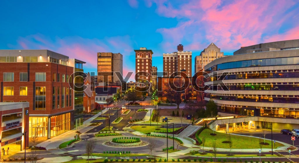 Aerial view of sunset over Greenville downtown skyline