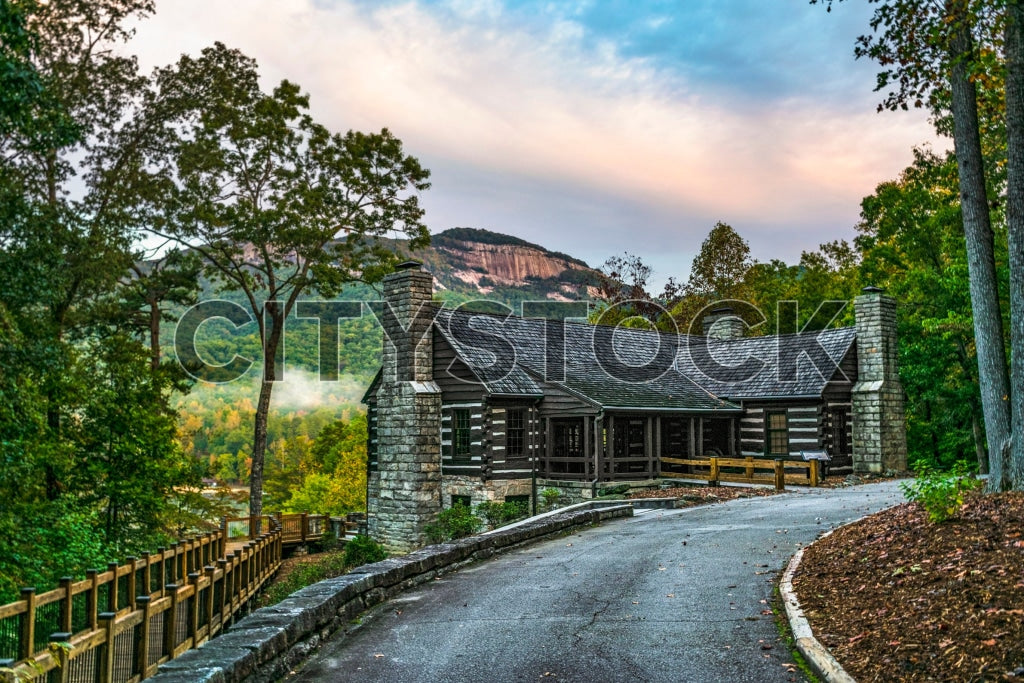 Rustic lodge at sunset in Greenville SC with mountain views