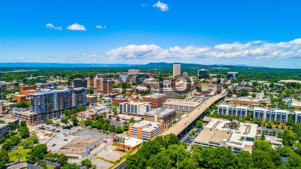 Aerial view of downtown Greenville, SC showcasing vibrant cityscape