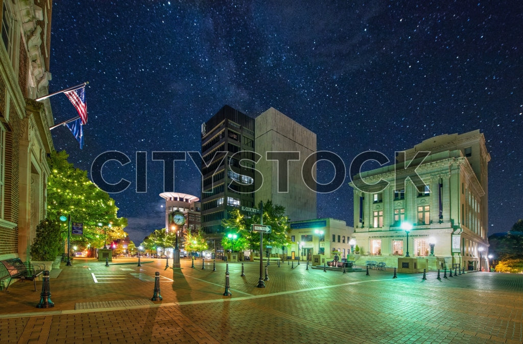 Starry night sky over Greenville SC historic downtown area