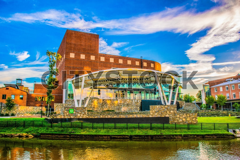 Sunset at Greenville's modern riverfront architecture