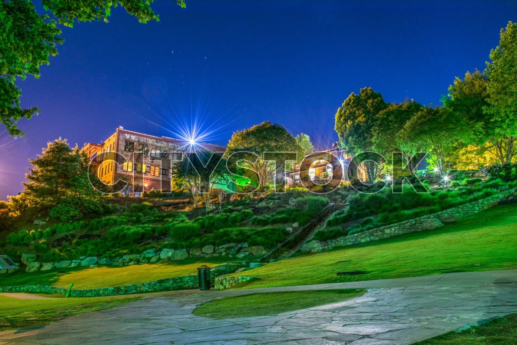 Greenville SC urban park with evening light installations