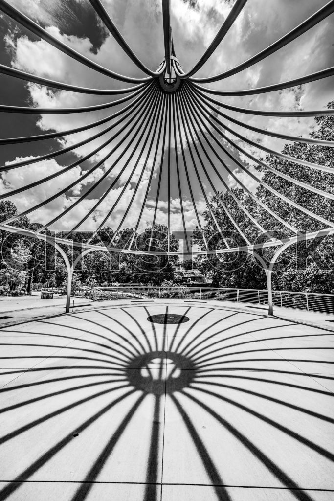 Black and white capture of shadow and light in Greenville Park Pavilion