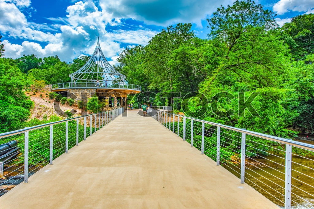 Modern pavilion in Greenville Riverfront Park on a sunny day