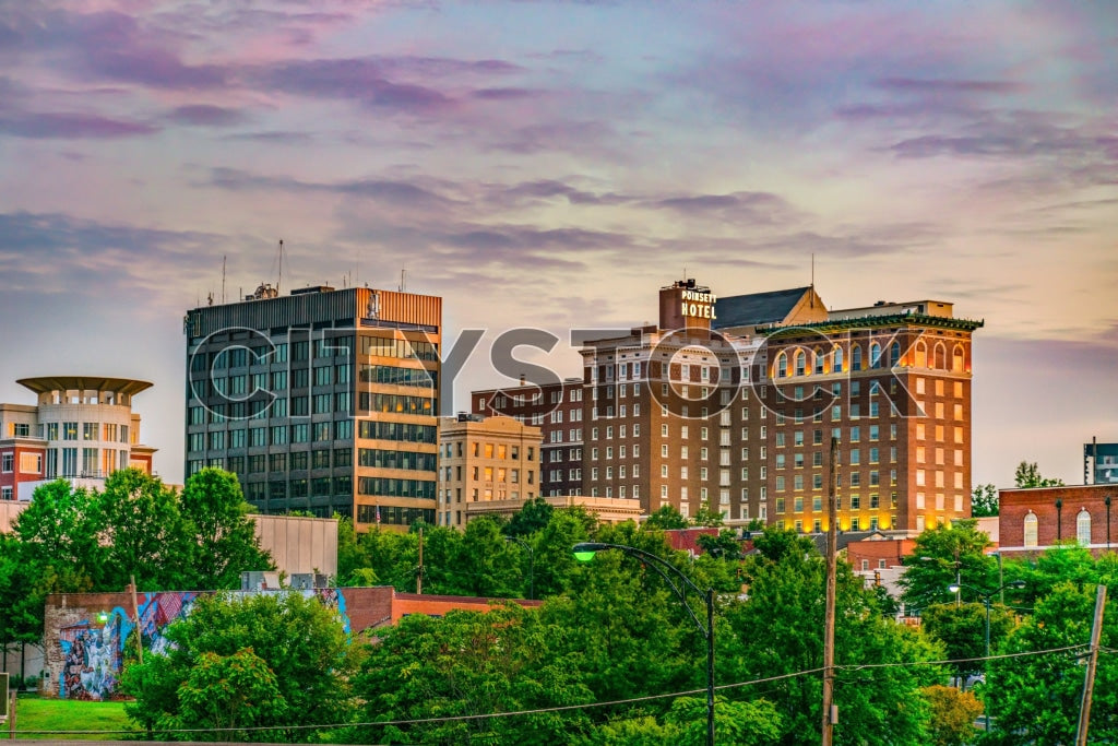 Stunning sunset view of historic Poinsett Hotel in Greenville SC