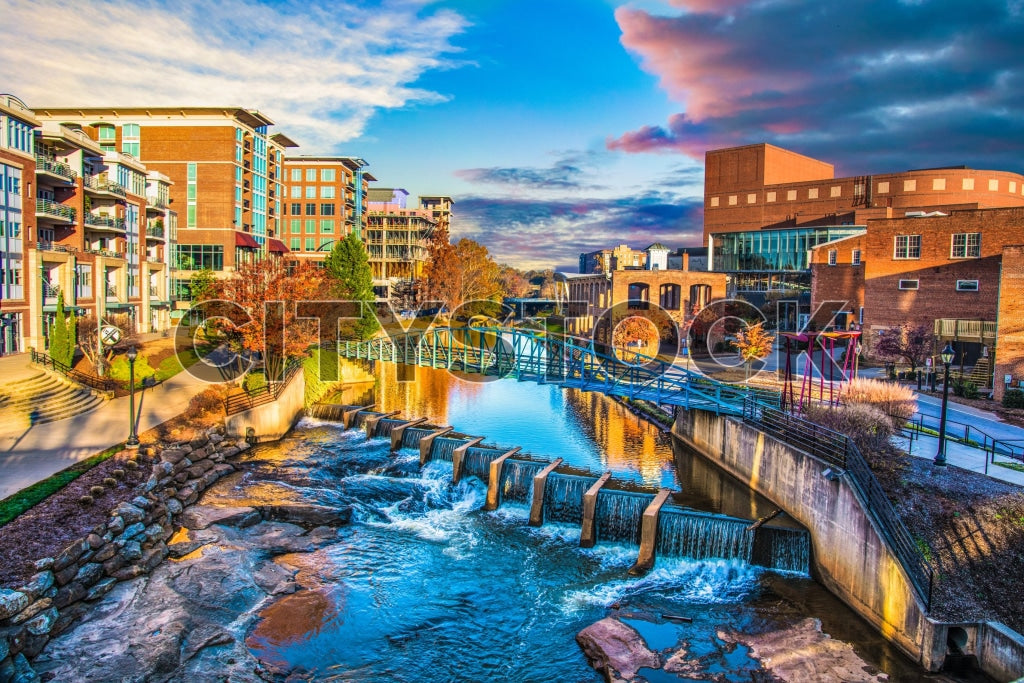 Stunning sunset view over Greenville, SC river and cityscape