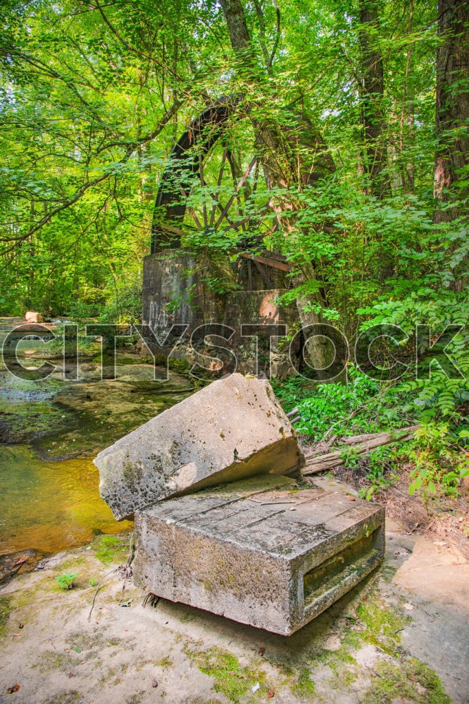 Historical old mill ruins surrounded by lush forest in Greenville, SC