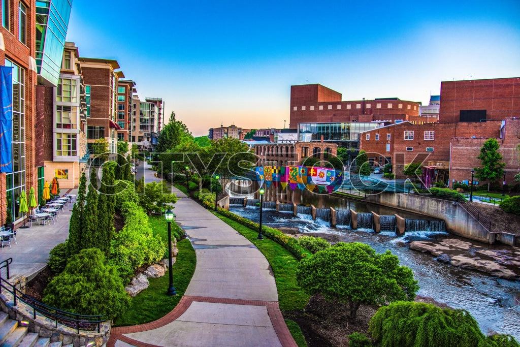 Greenville SC sunset with modern buildings and river view