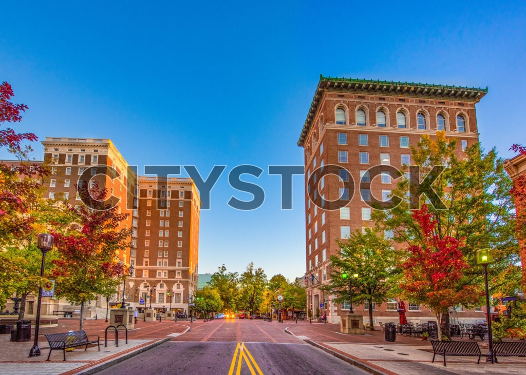 Autumn sunrise illuminating Greenville, SC downtown buildings