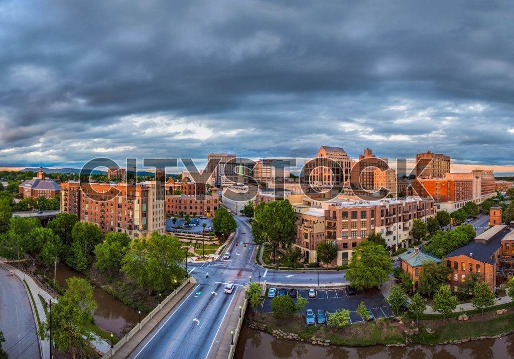 Aerial twilight view of downtown Greenville, South Carolina