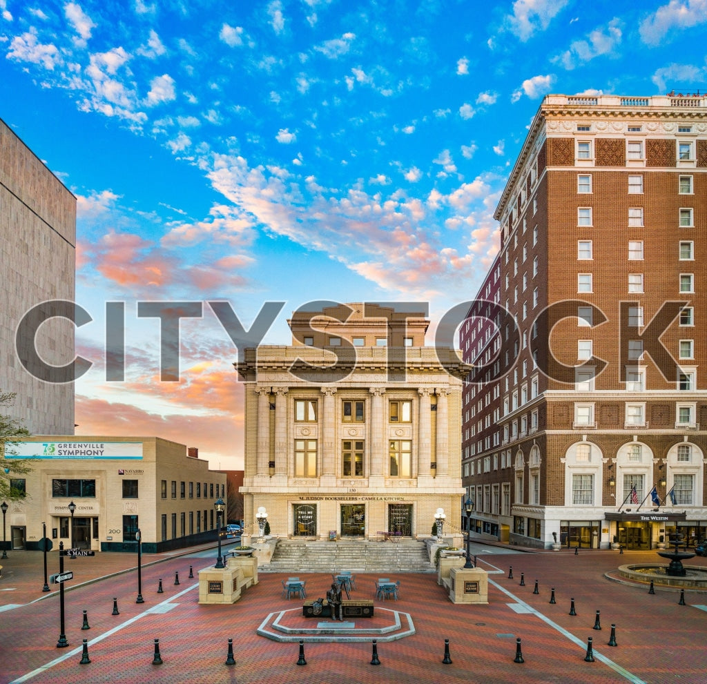 Early morning view of historic courthouse and plaza in Greenville, SC