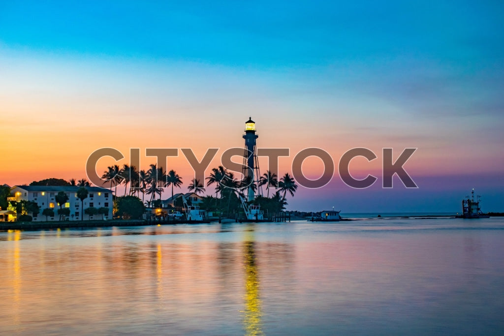 Pompano Beach lighthouse and colorful sunset in Florida, tropical vibe