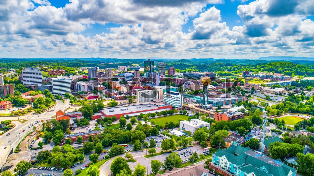 Aerial view of downtown Knoxville, TN with blue skies