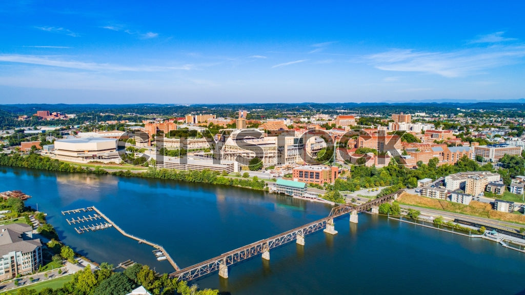 Aerial view of downtown Knoxville, Tennessee, with river and cityscape