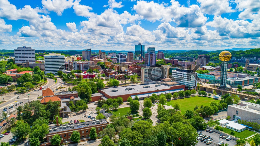 Aerial view of Knoxville showcasing Sun Sphere and urban layout