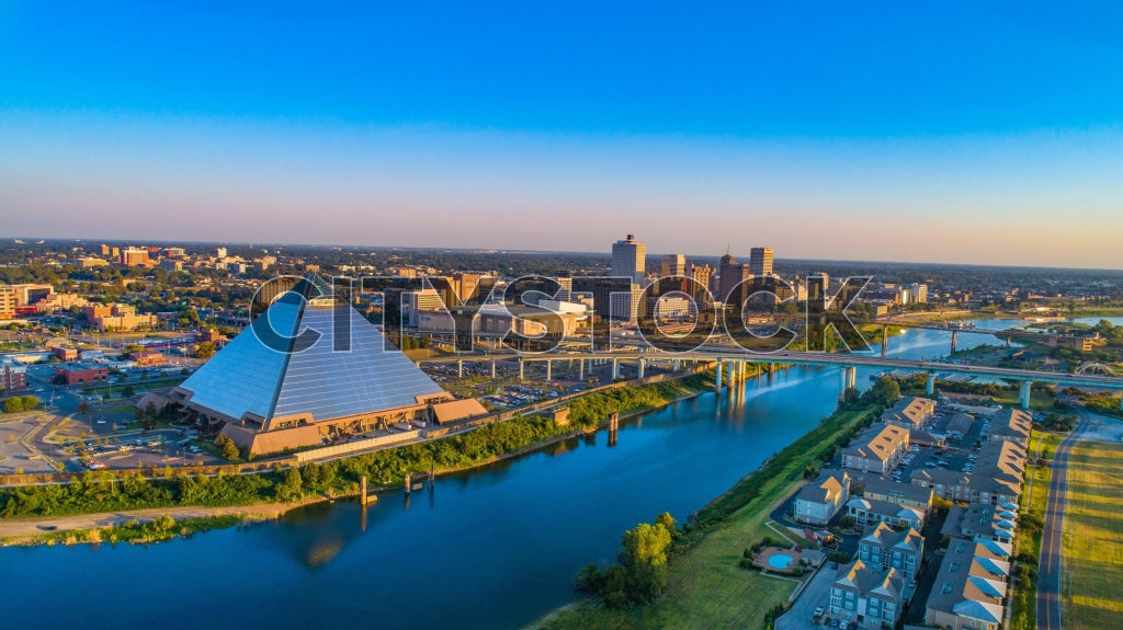 Aerial view of Memphis skyline and Mississippi River at sunrise