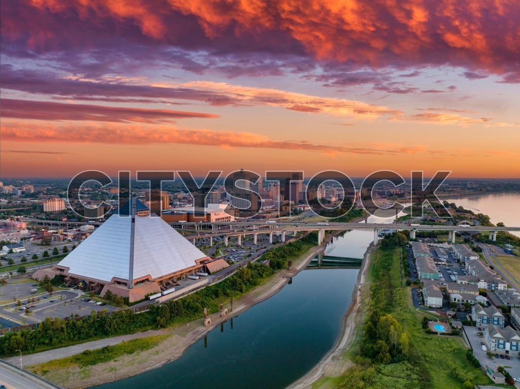 Aerial view of Memphis skyline with the Pyramid at sunset