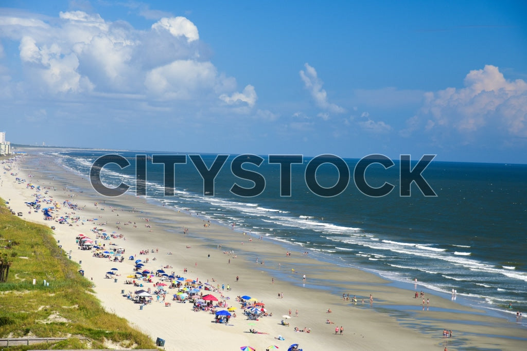 Aerial view of Myrtle Beach crowded with colorful umbrellas