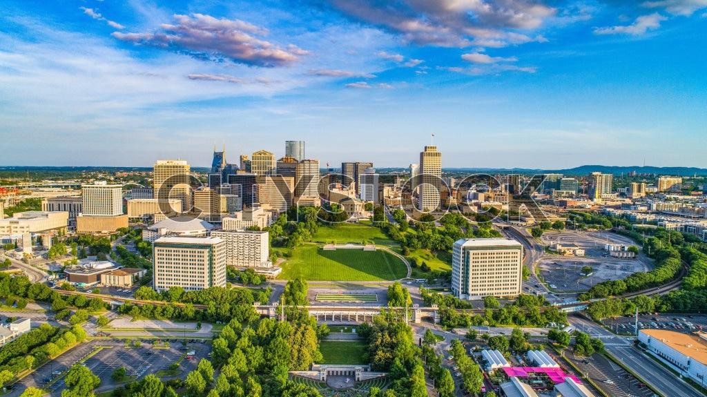 Aerial view of downtown Nashville, Tennessee under blue sky