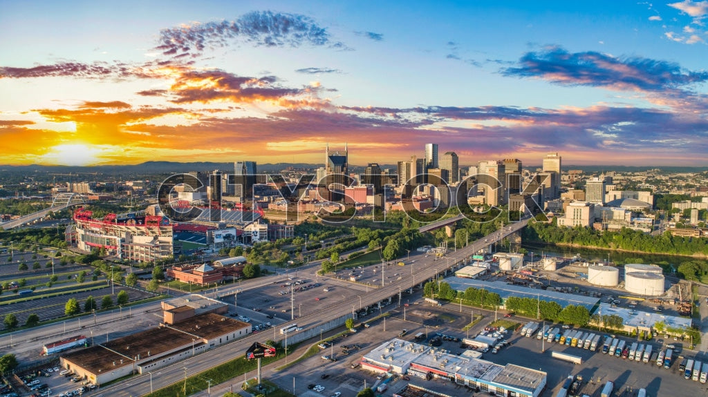 Aerial sunset view of Nashville skyline and highways