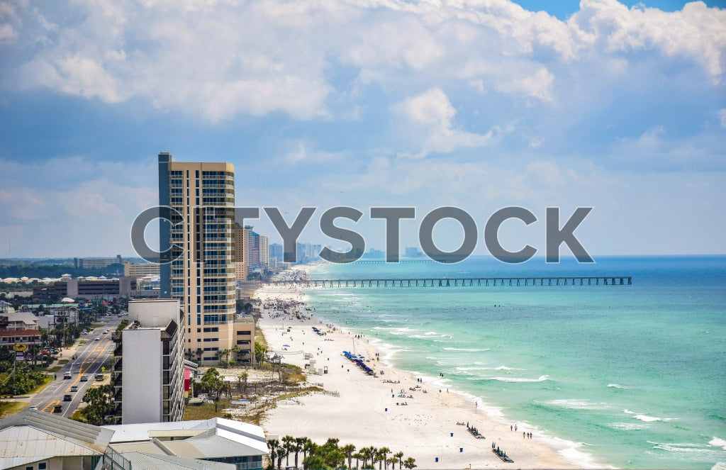 Panama City Beach skyline with turquoise waters and pier view